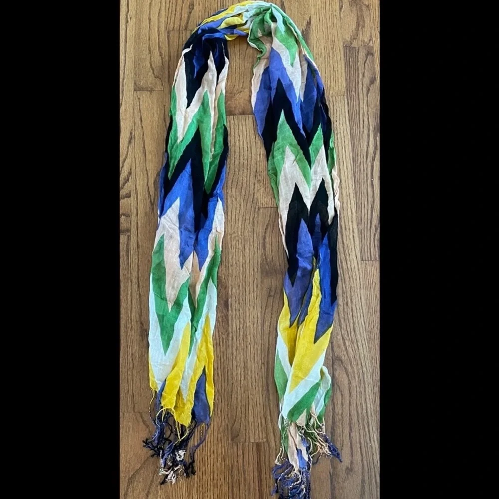 Blue Green White Tan Yellow Black Chevron Zig Zag Print Lightweight Scarf